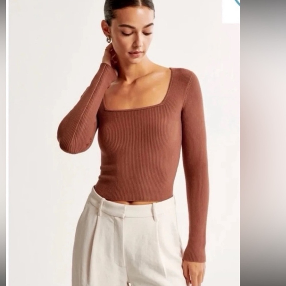 Abercrombie & Fitch Long-Sleeve Ottoman Squareneck Top in Rust S